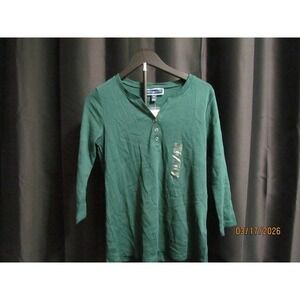Karen Scott Womens Henley Top Forest Green 3/4 Sleeve Cotton Blend PS NWT